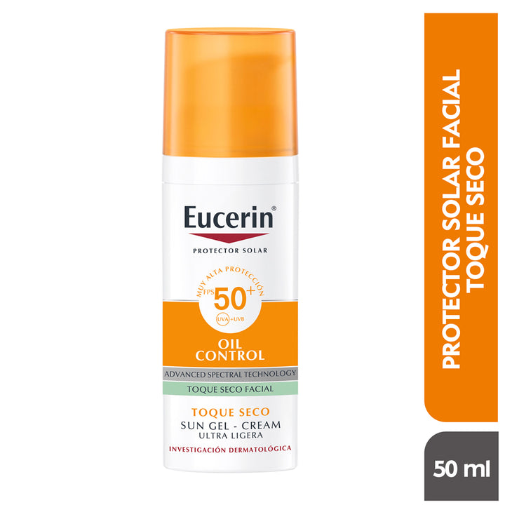 Protege tu piel con el Protector Solar Facial Oil Control Toque Seco de Eucerin Sin Color. SPF 50+ y control de brillo todo el día.