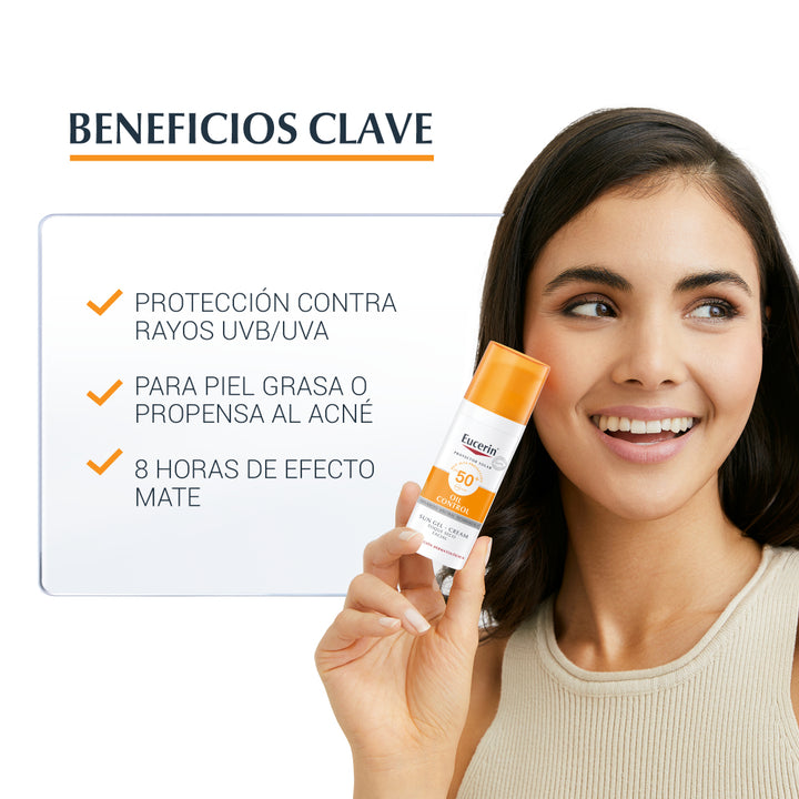 Protege tu piel con el Protector Solar Facial Oil Control Toque Seco de Eucerin Sin Color. SPF 50+ y control de brillo todo el día.