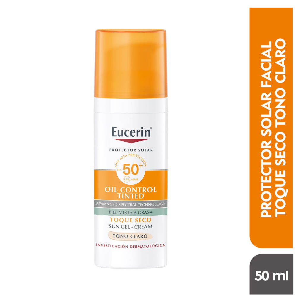 Eucerin Solar 50+ Oil Control Toque Seco Tono Claro, protector solar de alta protección