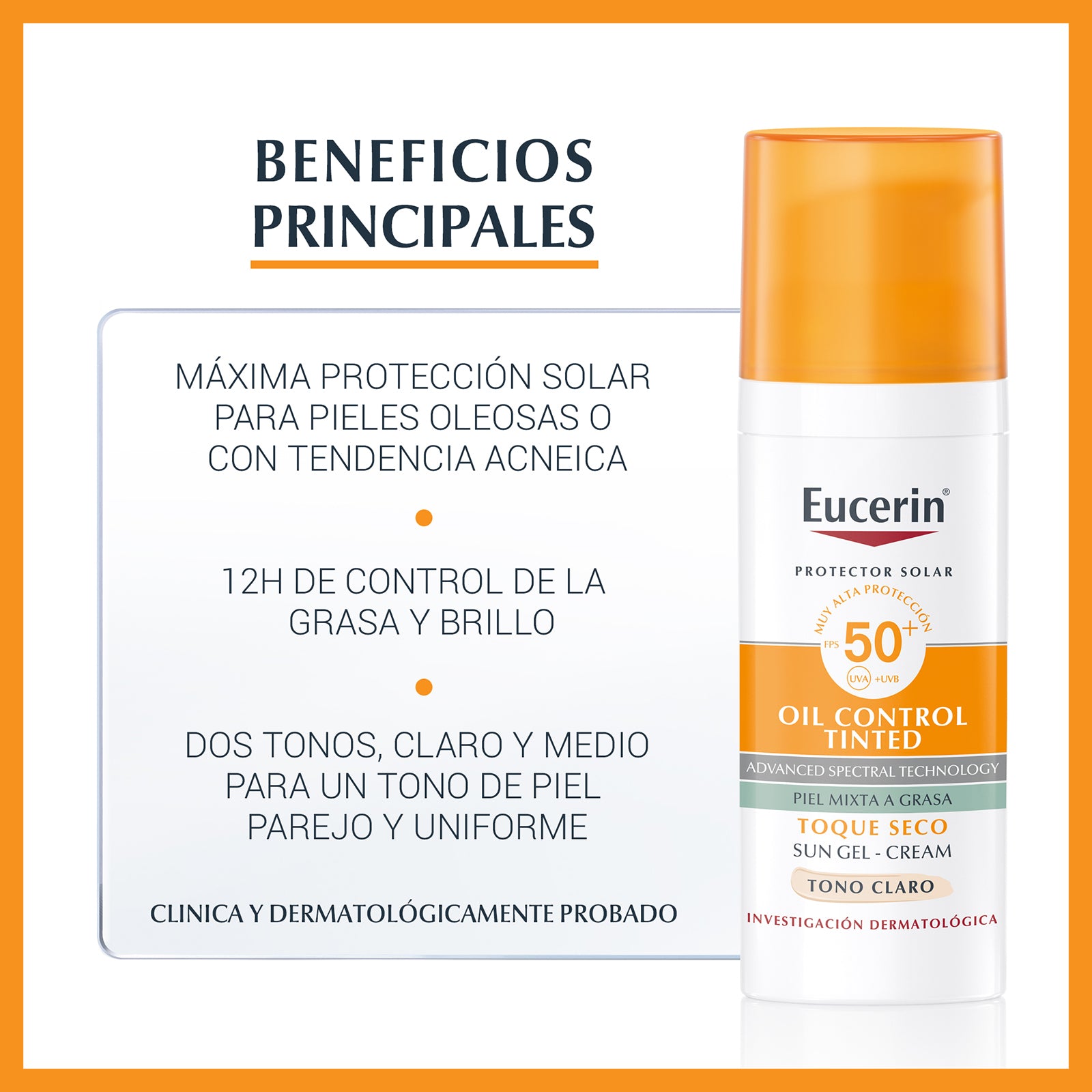 Eucerin Solar 50+ Oil Control Toque Seco Tono Claro, protector solar de alta protección