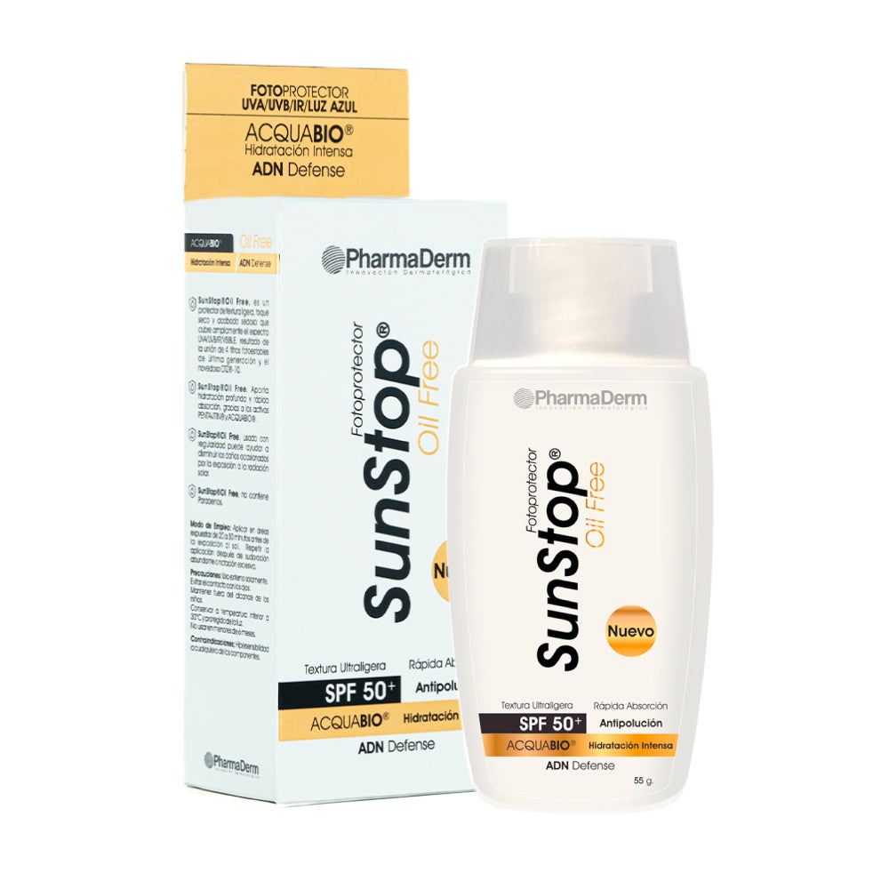 Protector solar Sunstop Oilfree SPF 50+ para piel grasa, alta protección UV sin sensación grasa.