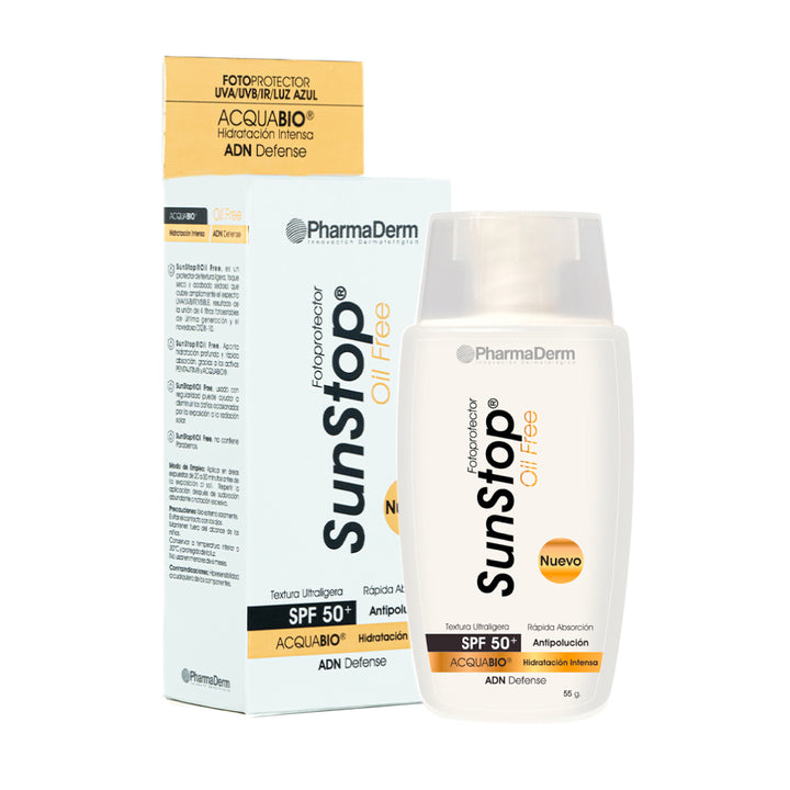 Protector solar Sunstop Oilfree SPF 50+ para piel grasa, alta protección UV sin sensación grasa.