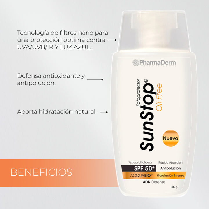 Protector solar Sunstop Oilfree SPF 50+ para piel grasa, alta protección UV sin sensación grasa.