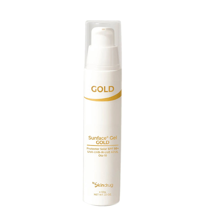 Protector solar en gel con color SunFace Gel Gold de Skindrug para piel grasa.