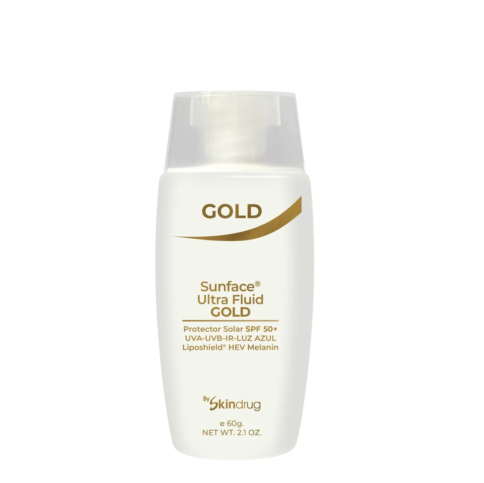 Protector solar fluido con color SunFace Ultra Fluid Gold de Skindrug.