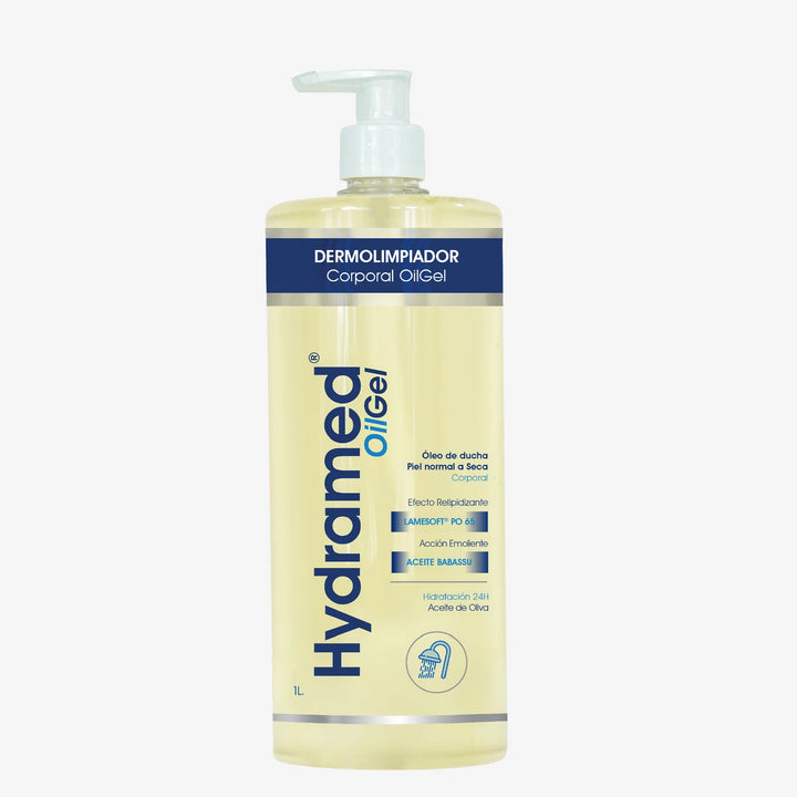 Envase de Hydramed Oilgel 1l - Skindrug para la limpieza emoliente y protección de la piel en formato familiar.