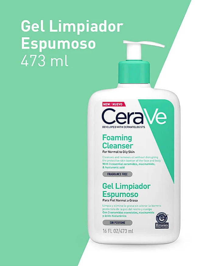 Envase de Gel Limpiador Espumoso CeraVe 473 ml para piel normal a grasa.