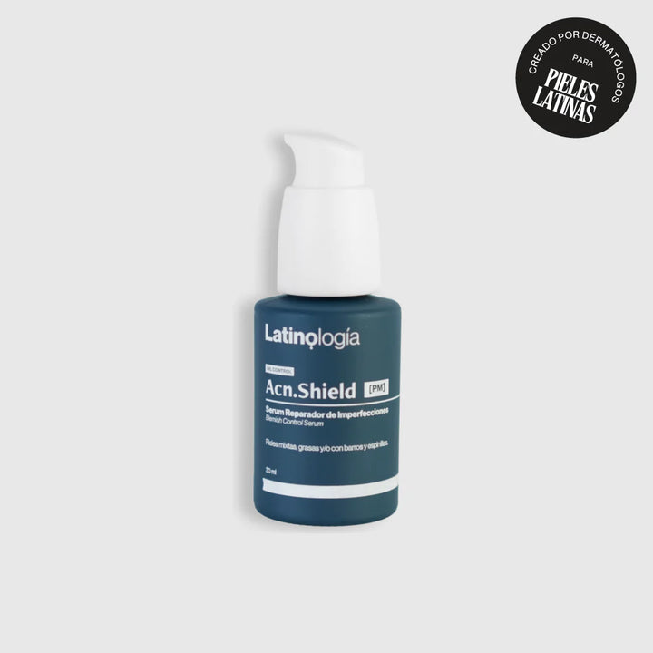 Envase de Acn.Shield Serum Reparador Latinología para mejorar la textura y controlar la grasa de la piel