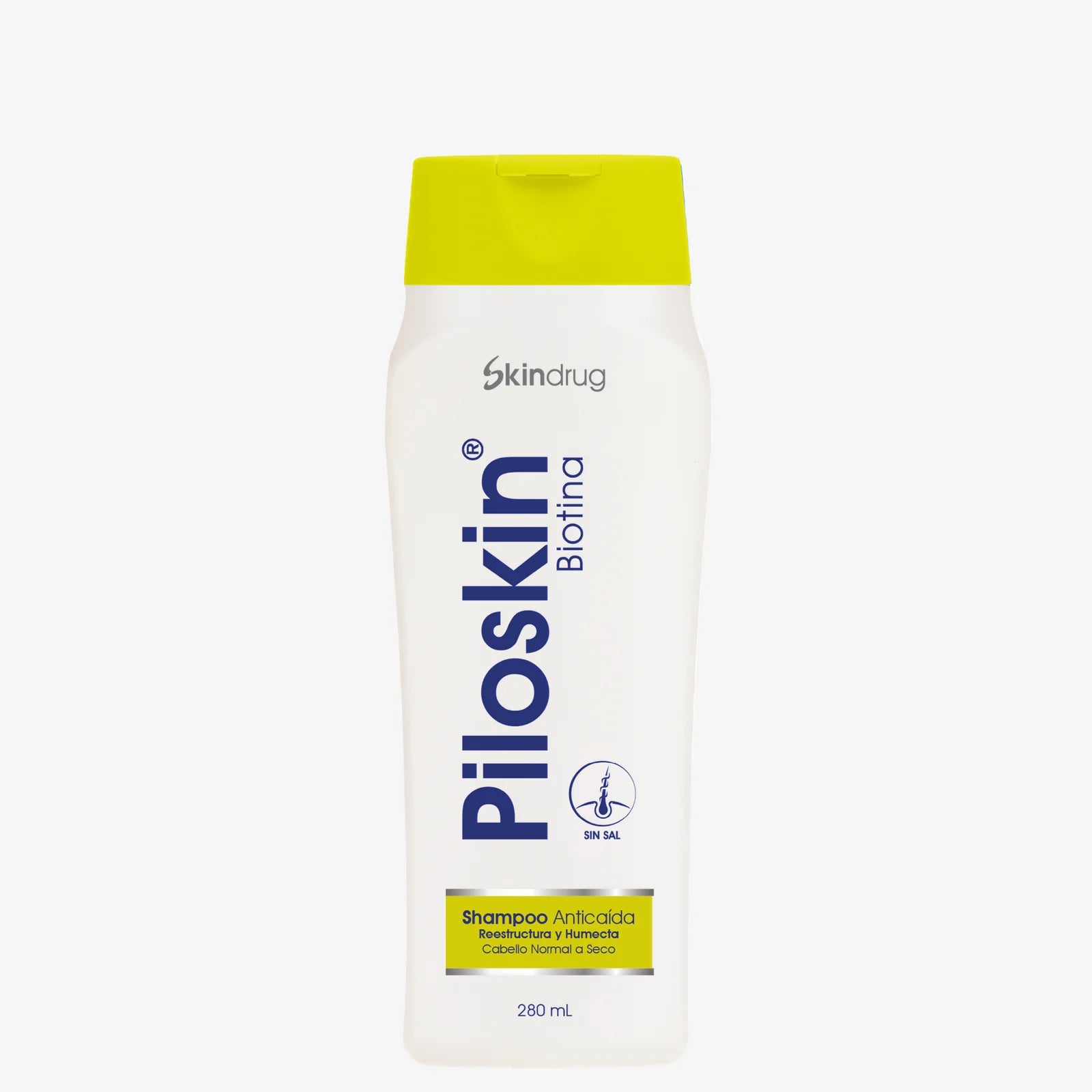 Envase de Piloskin Biotina shampoo - Skindrug para el fortalecimiento capilar y prevención de caída.