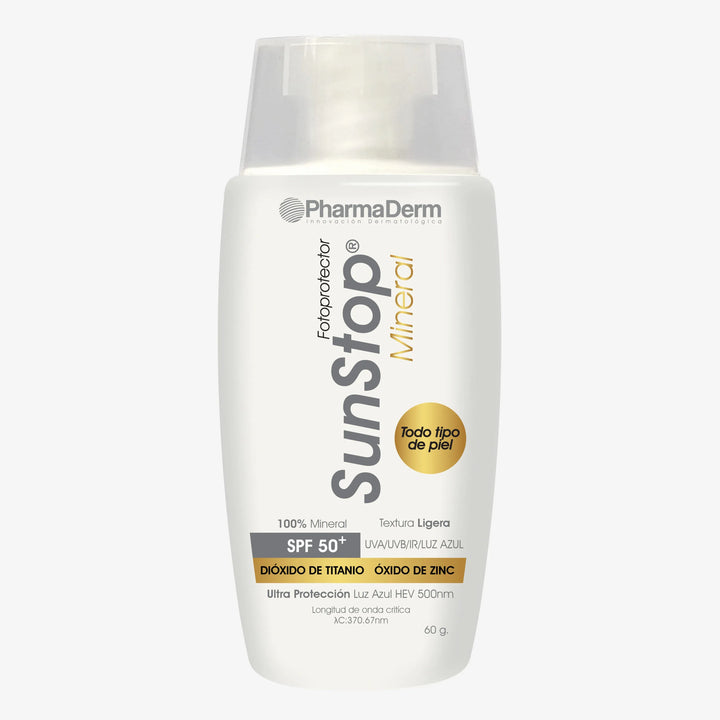 Envase de Sunstop Mineral SPF 50+ Pharmaderm para la protección física y el cuidado cutáneo.
