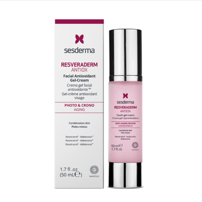 Envase de 50 ml de Resveraderm Crema-Gel Antiox para la revitalización y el bienestar de la piel.