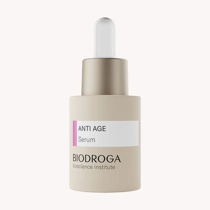 Envase de Anti Age Serum Biodroga para el cuidado facial rejuvenecedor.
