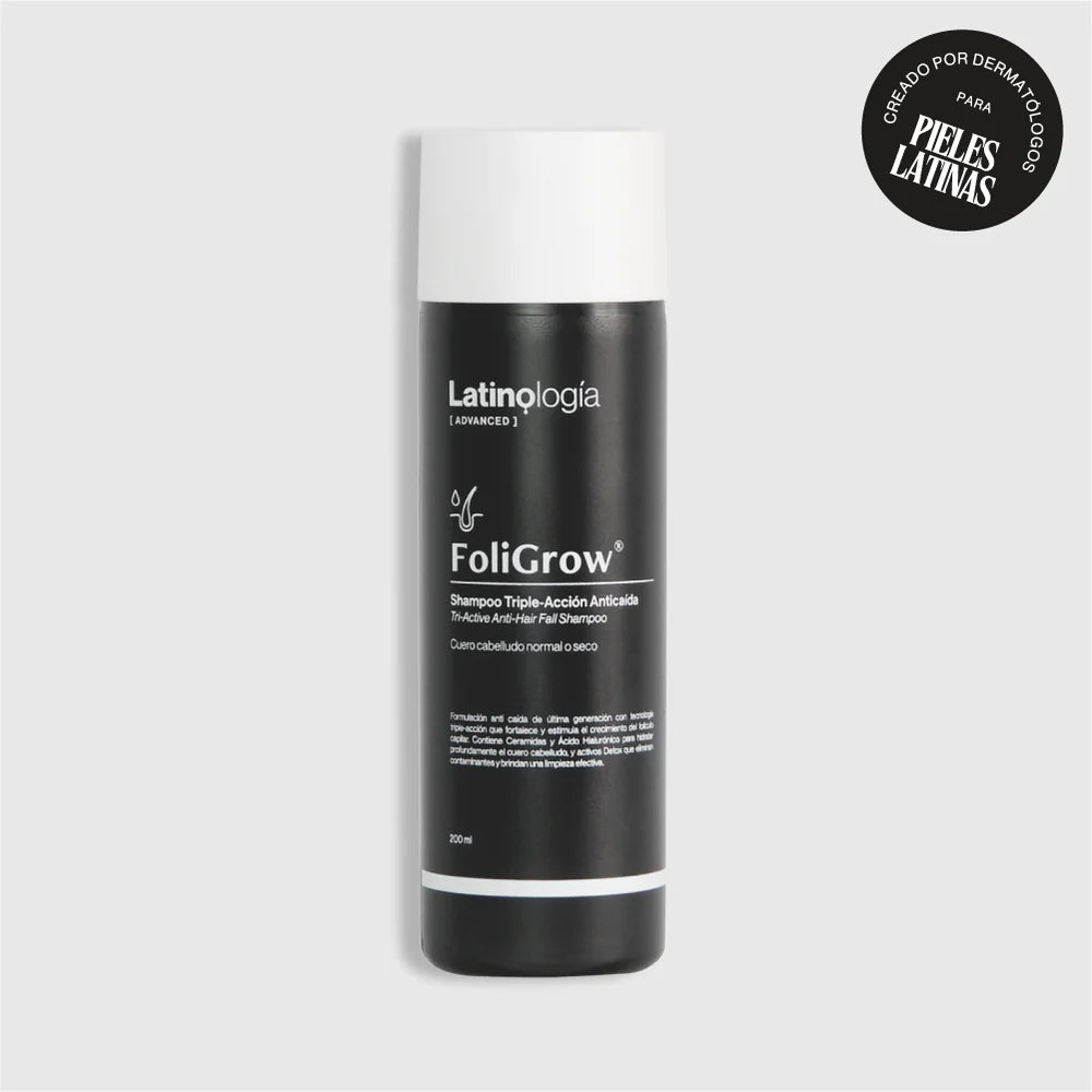 Envase de 200 ml de Foligrow Shampoo Triple Acción de Latinología para el fortalecimiento y bienestar capilar.