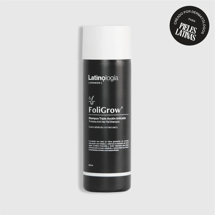 Envase de 200 ml de Foligrow Shampoo Triple Acción de Latinología para el fortalecimiento y bienestar capilar.