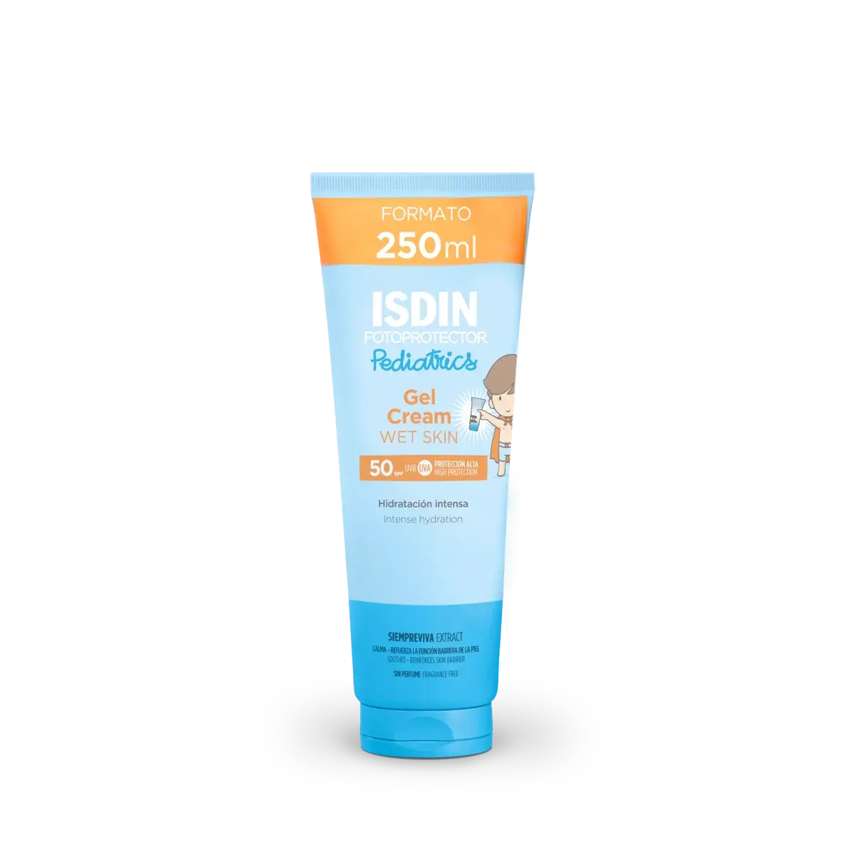 Envase de ISDIN Fotoprotector Gel Cream Pediatrics SPF 50 de 250 ml para niños.