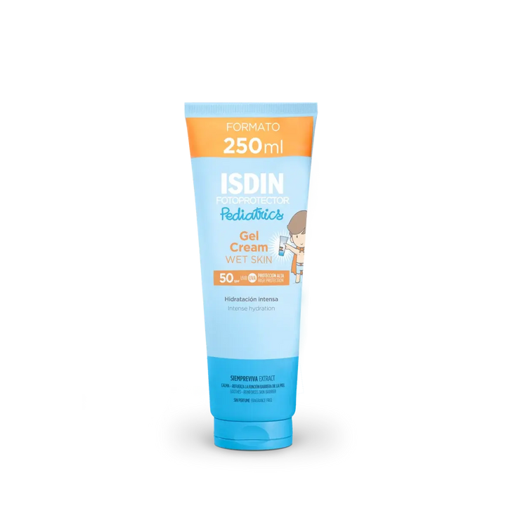 Envase de ISDIN Fotoprotector Gel Cream Pediatrics SPF 50 de 250 ml para niños.