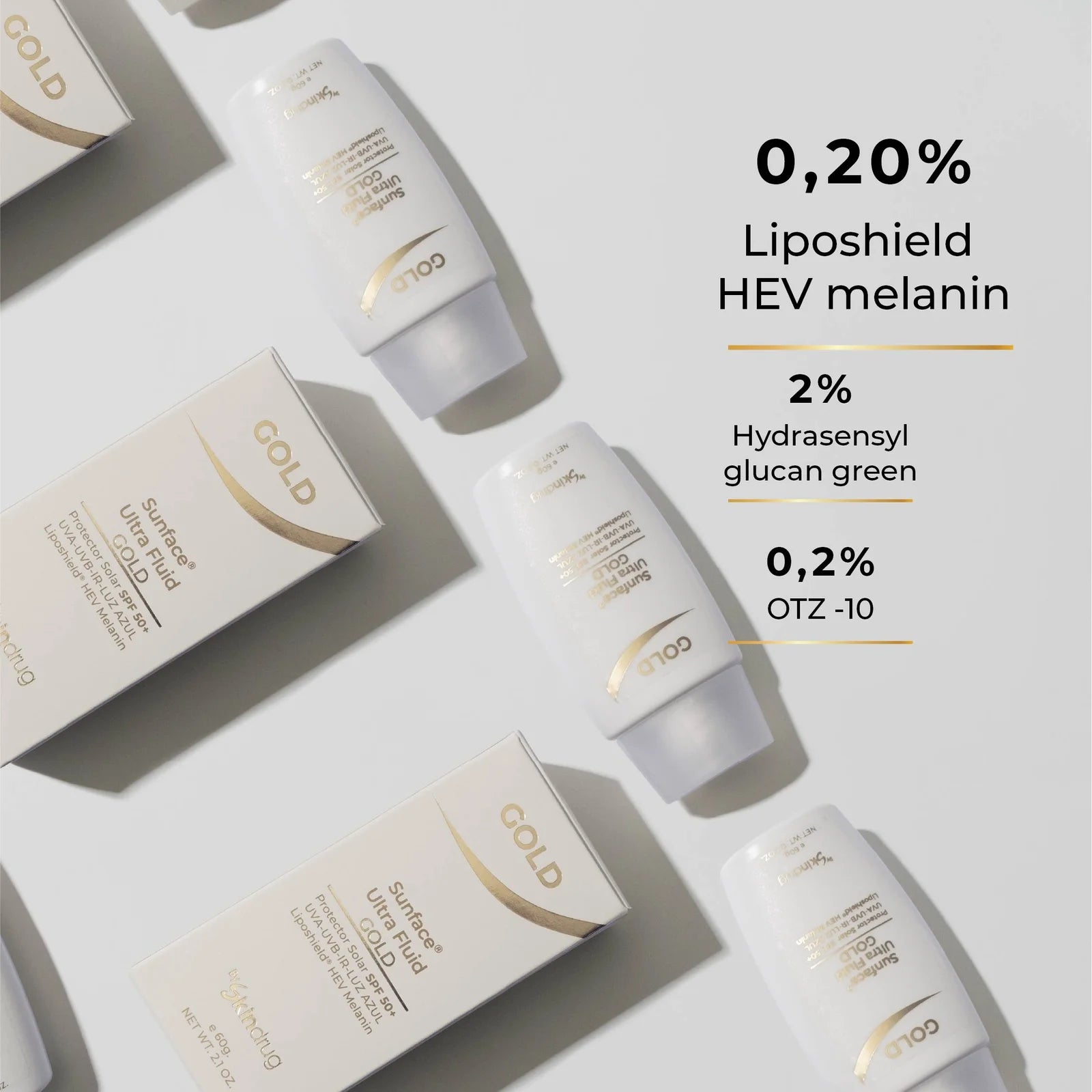 Protector solar fluido con color SunFace Ultra Fluid Gold de Skindrug.