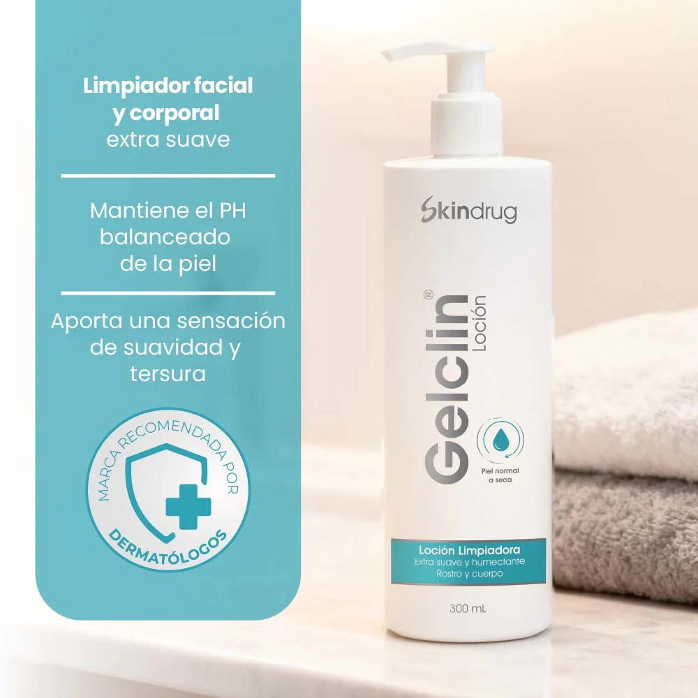 Envase de Gelclin Loción - Skindrug para la limpieza hidratante en rostro y cuerpo.