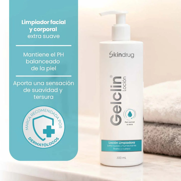 Envase de Gelclin Loción - Skindrug para la limpieza hidratante en rostro y cuerpo.