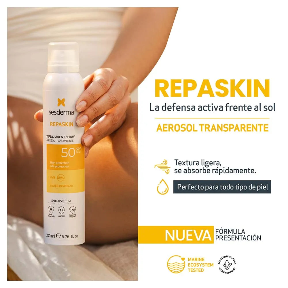 Repaskin SPF 50+ Corporal Aerosol Transparente 200 ml - SESDERMA | Protector solar resistente al agua