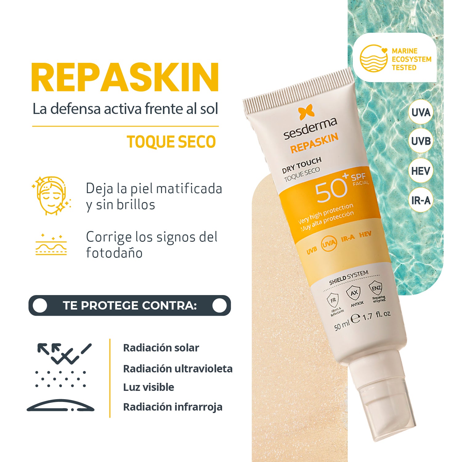 Repaskin Fotoprotector Toque Seco, protección solar avanzada 50 ml - SESDERMA