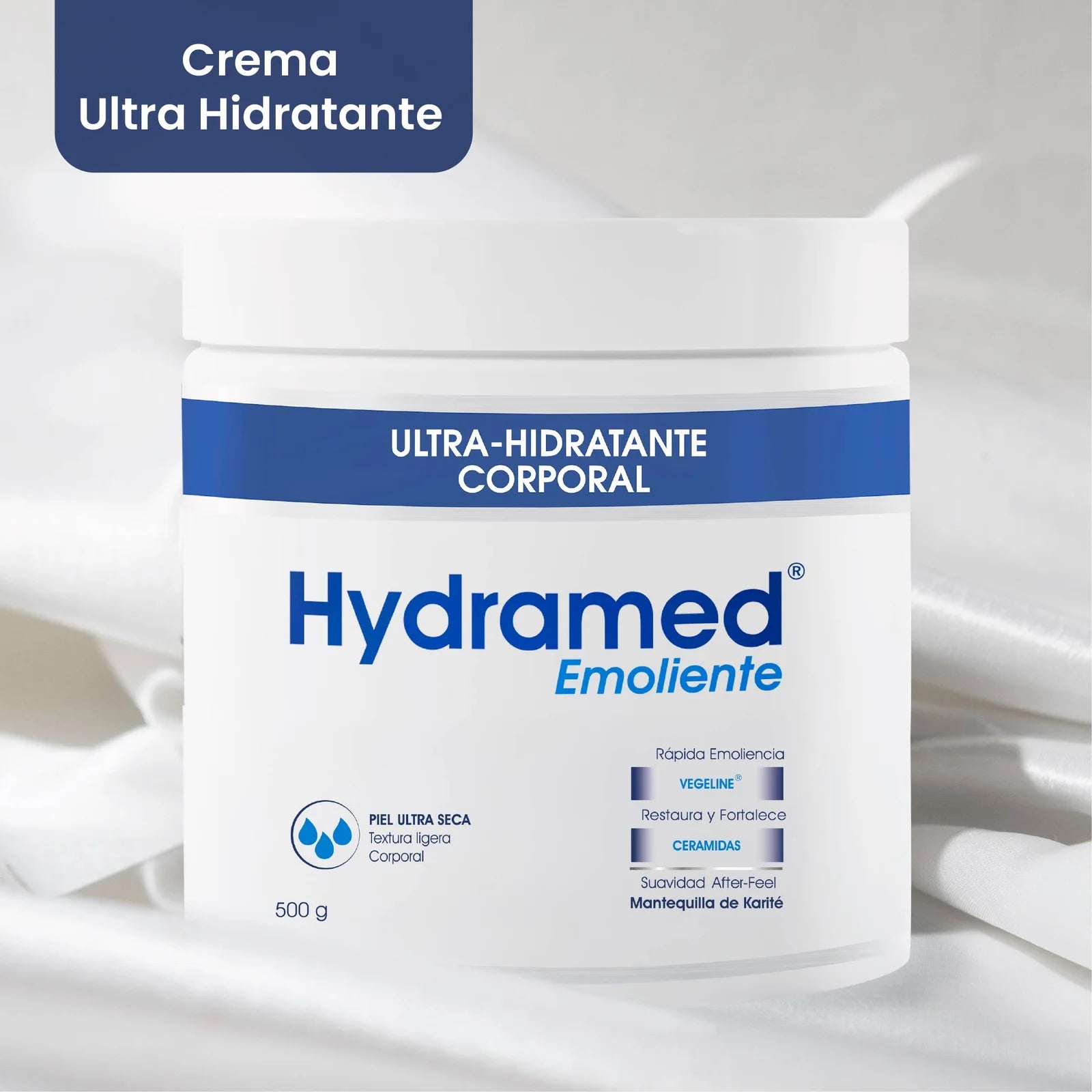 Envase de Hydramed Emoliente - Skindrug para la hidratación intensiva y protección de la piel corporal y facial.
