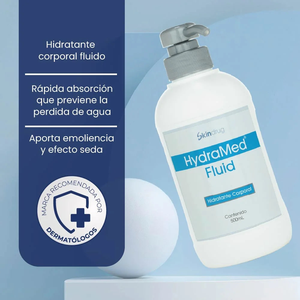 Envase de Hydramed Fluid - Skindrug para la hidratación profunda y protección de la piel normal a seca.
