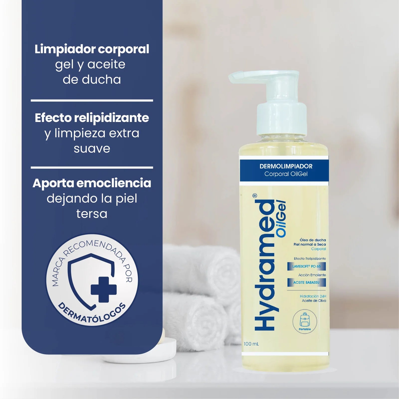 Envase de Hydramed Oilgel 100ml - Skindrug para la limpieza emoliente y protección de la piel.