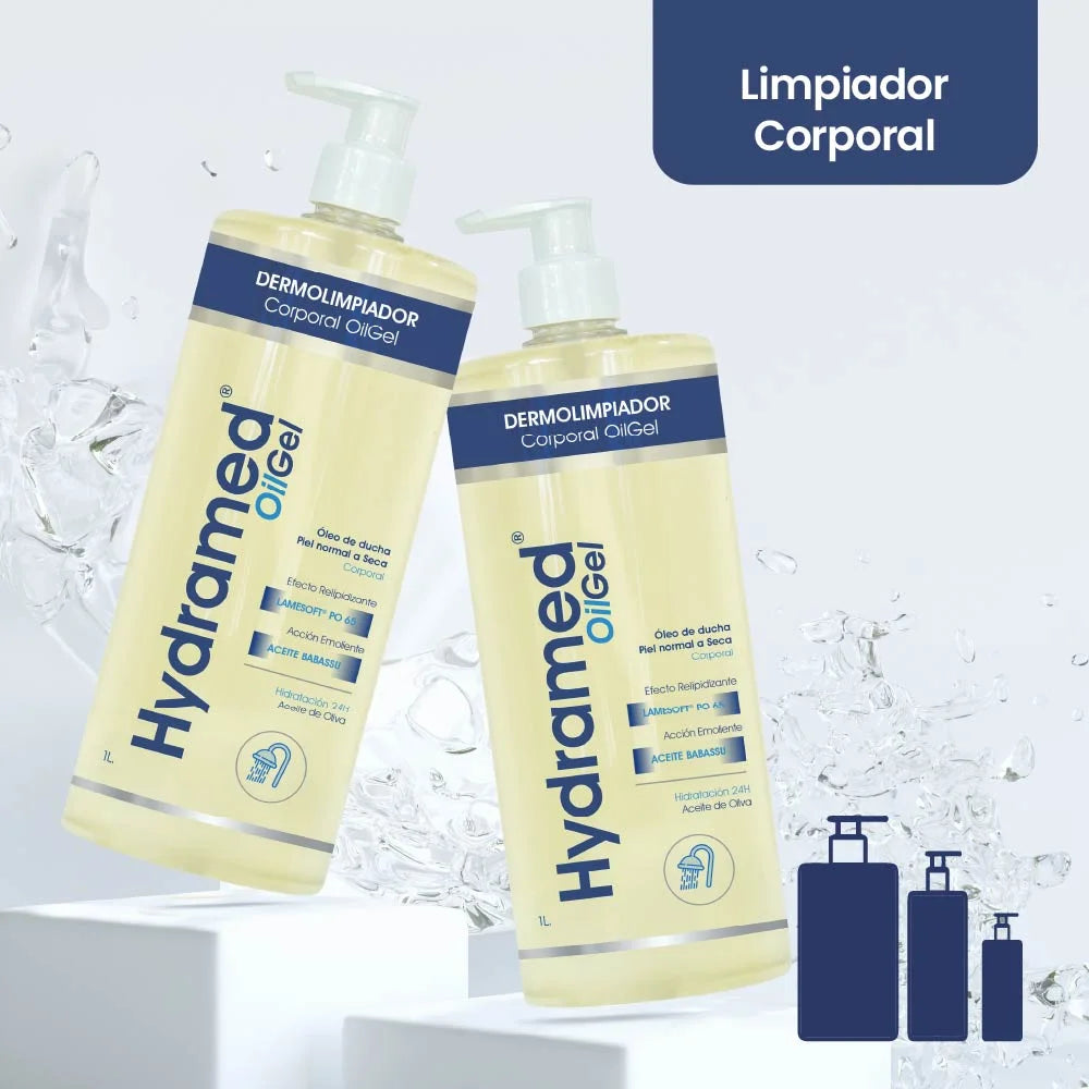 Envase de Hydramed Oilgel 1l - Skindrug para la limpieza emoliente y protección de la piel en formato familiar.