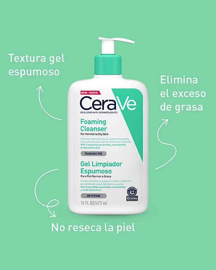 Envase de Gel Limpiador Espumoso CeraVe 473 ml para piel normal a grasa.