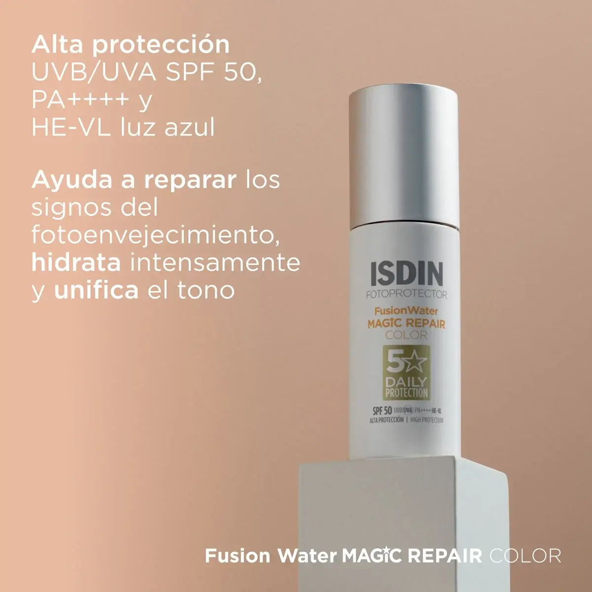 Envase de FotoUltra Repair Fusion Water Magic SPF 50 ISDIN Con Color para el cuidado antiedad.