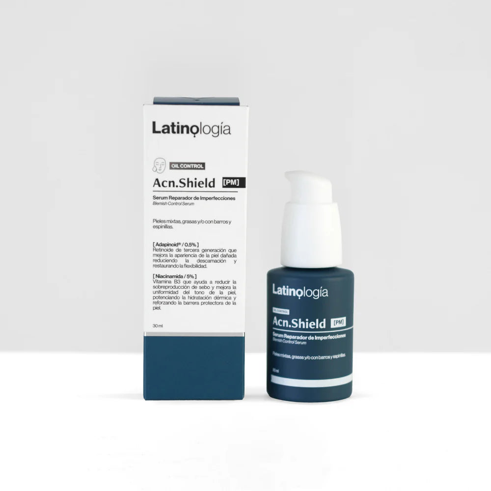 Envase de Acn.Shield Serum Reparador Latinología para mejorar la textura y controlar la grasa de la piel