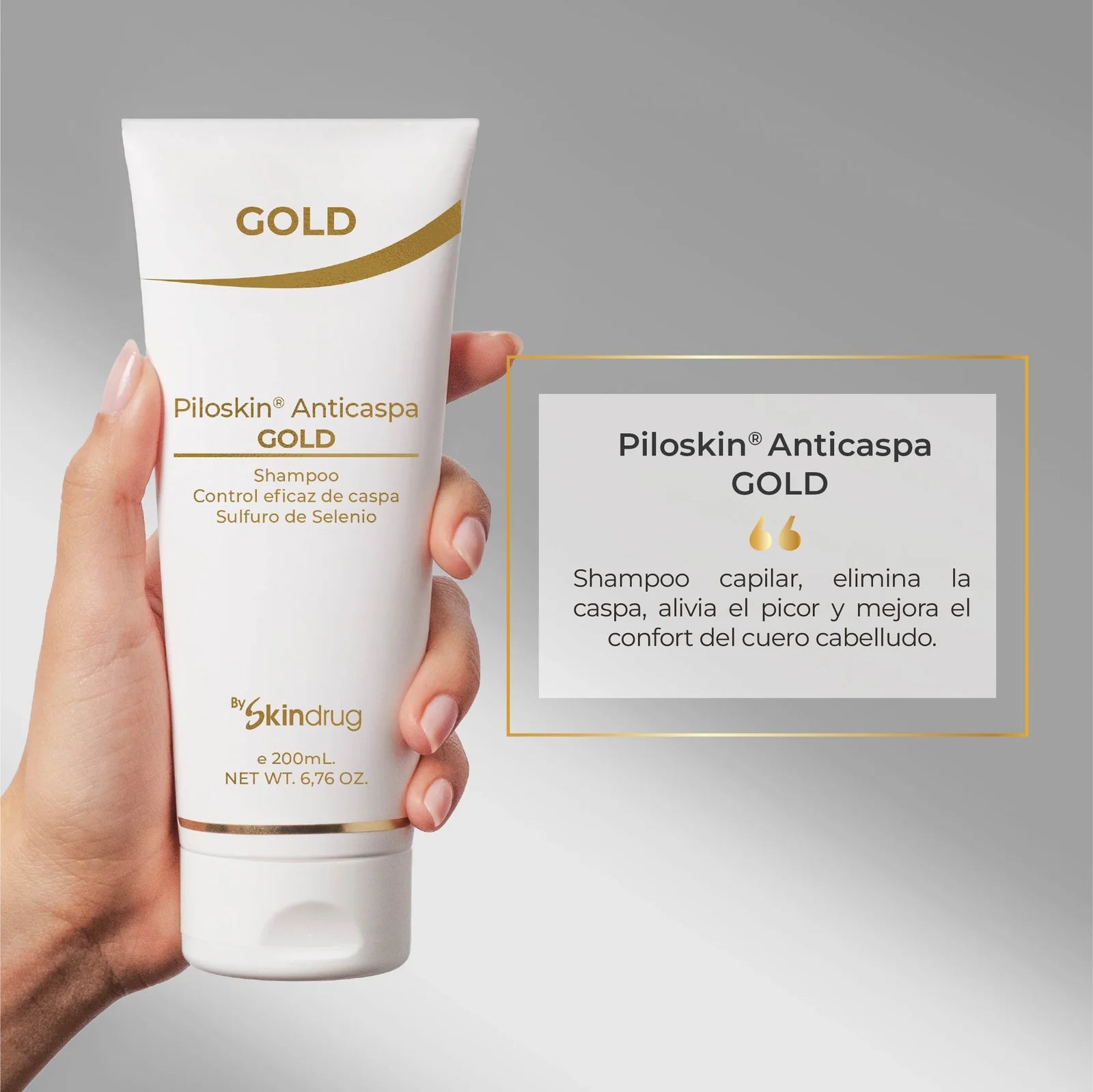 Shampoo para el control de la caspa Piloskin Anticaspa Gold de Skindrug.