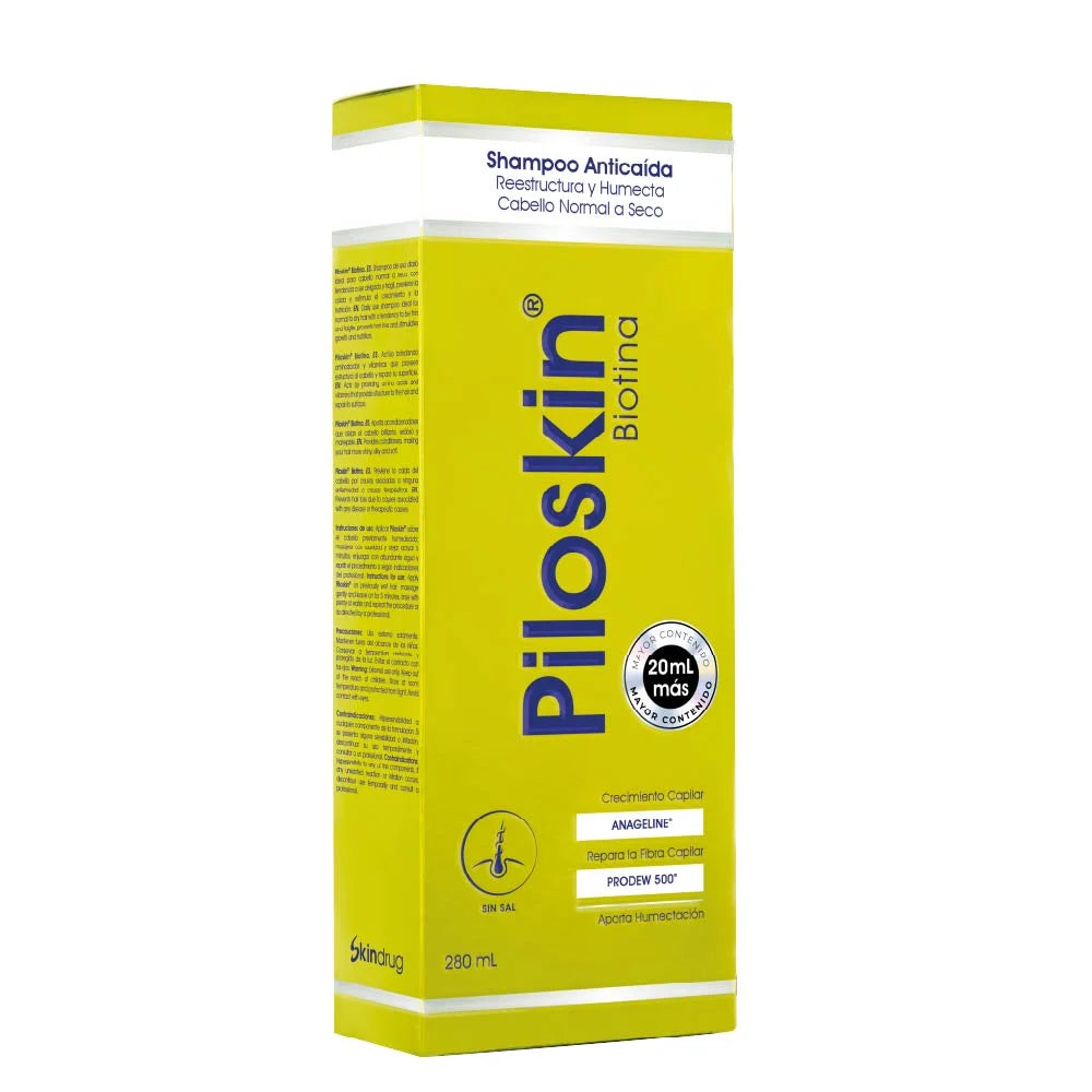 Envase de Piloskin Biotina shampoo - Skindrug para el fortalecimiento capilar y prevención de caída.