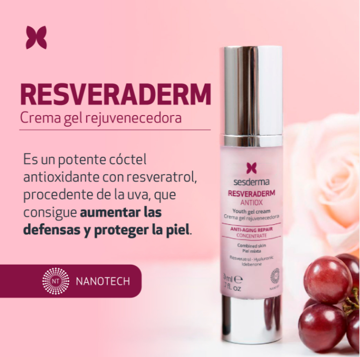 Envase de 50 ml de Resveraderm Crema-Gel Antiox para la revitalización y el bienestar de la piel.