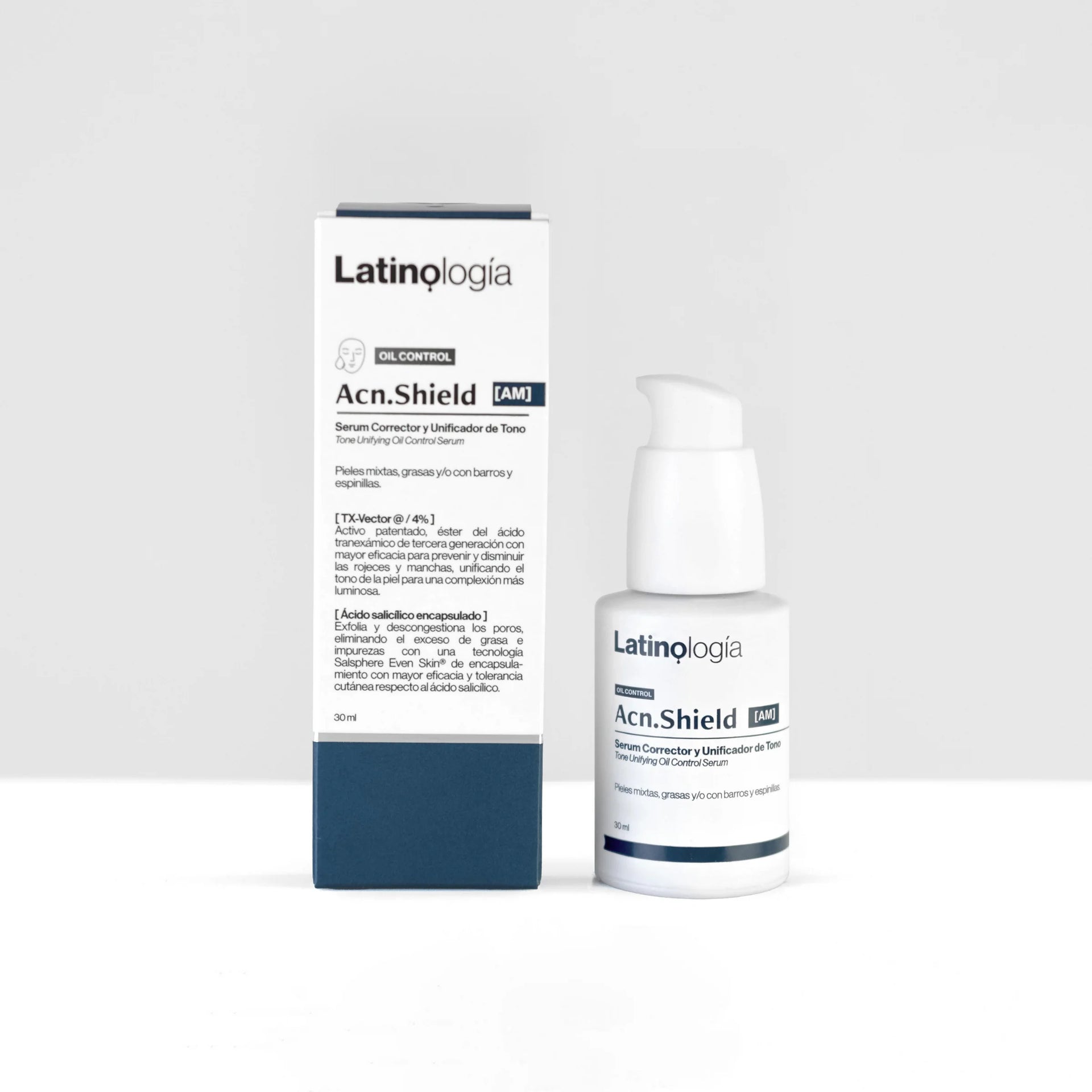 Envase de Acn.Shield Serum Corrector Latinología para unificar el tono y dar luminosidad a la piel.