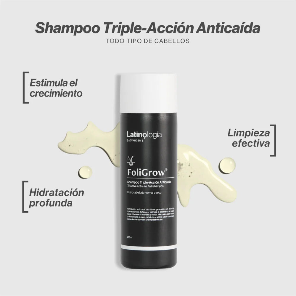 Envase de 200 ml de Foligrow Shampoo Triple Acción de Latinología para el fortalecimiento y bienestar capilar.