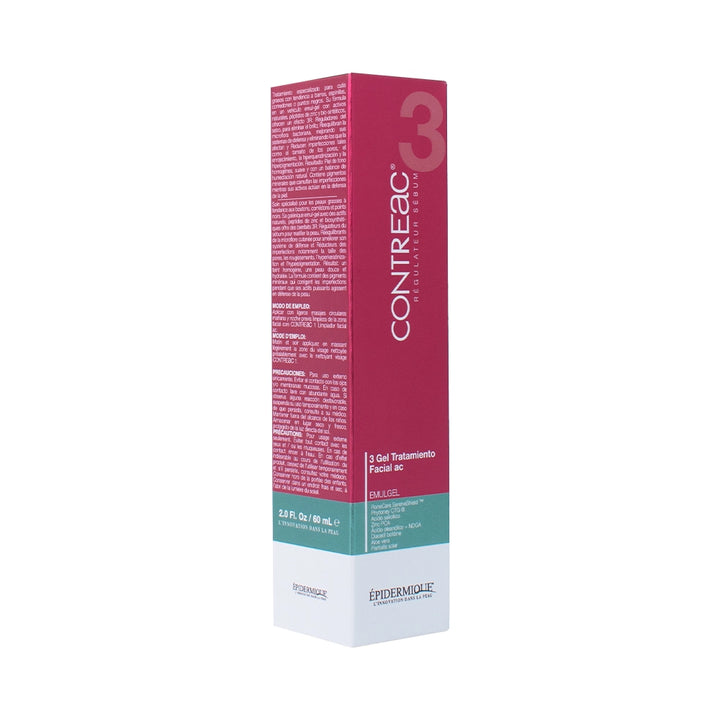 Envase de Contreac 3 Gel Tratamiento Facial AC Epidermique para el control de grasa.