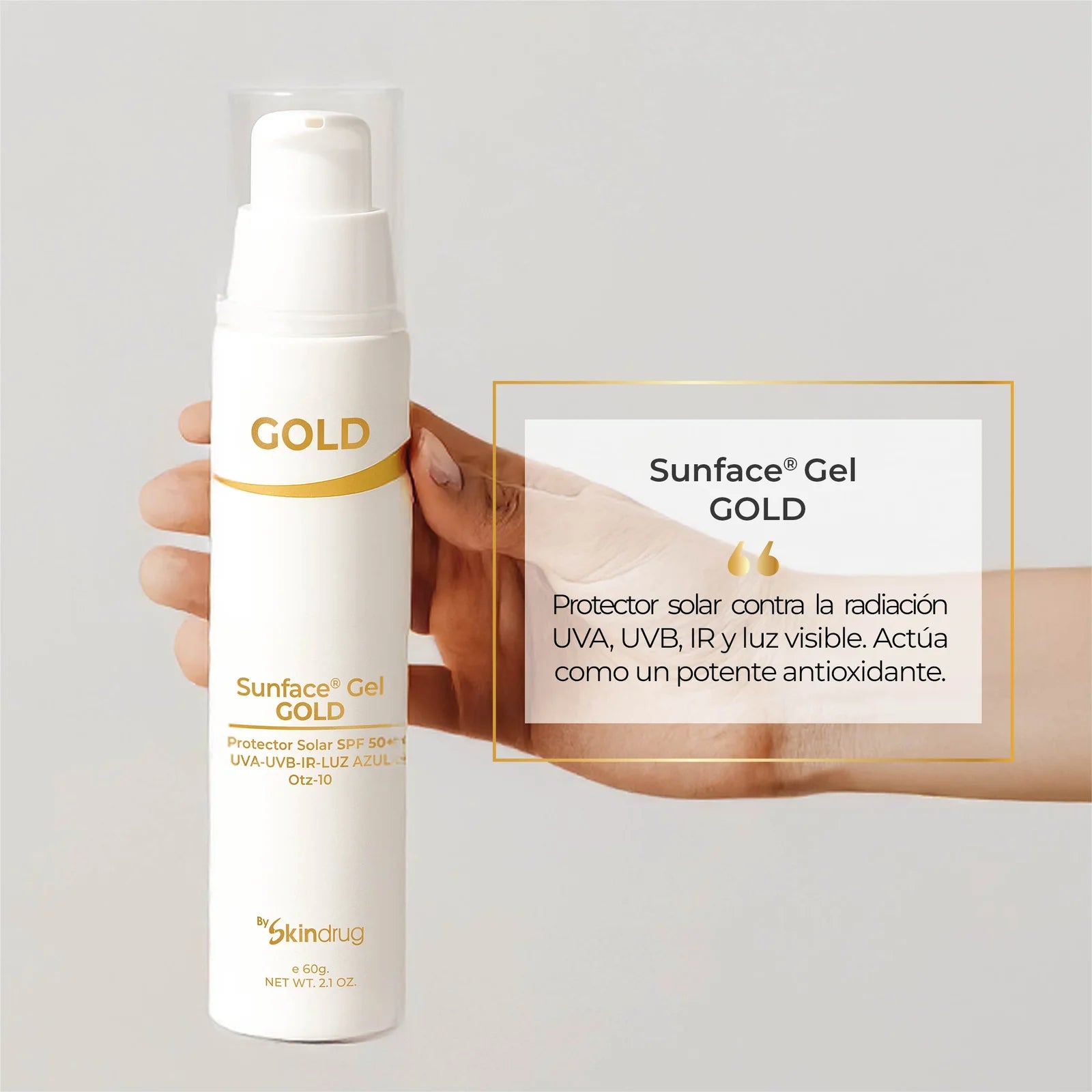 Protector solar en gel con color SunFace Gel Gold de Skindrug para piel grasa.