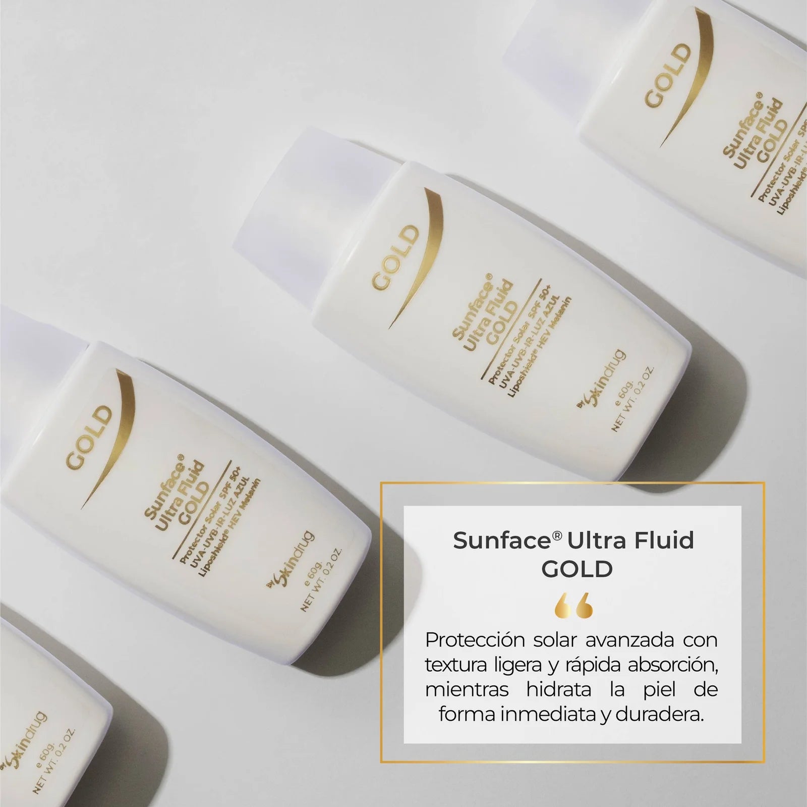 Protector solar fluido con color SunFace Ultra Fluid Gold de Skindrug.