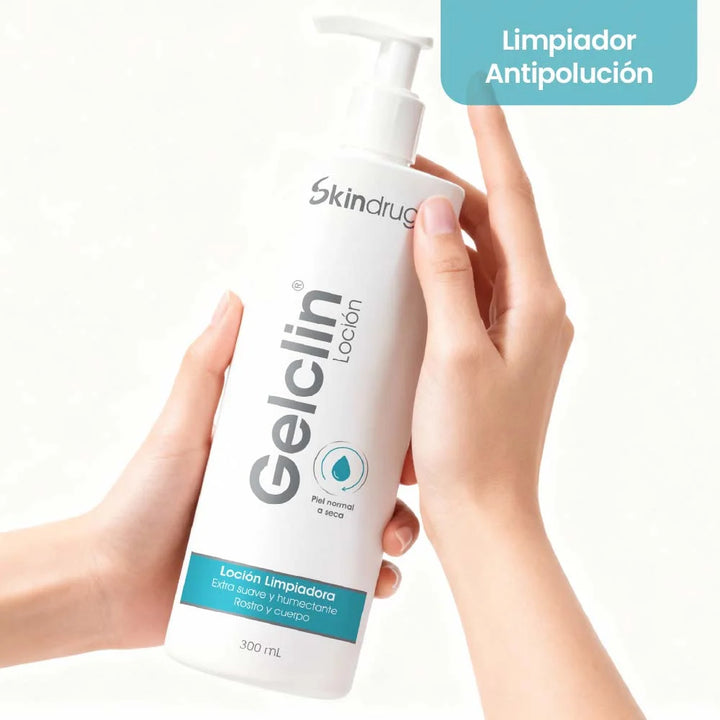 Envase de Gelclin Loción - Skindrug para la limpieza hidratante en rostro y cuerpo.