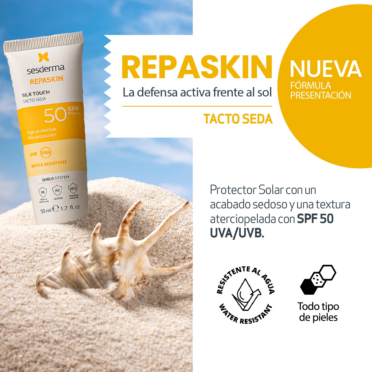 Repaskin Fotoprotector Tacto Seda, protección solar avanzada 50 ml - SESDERMA