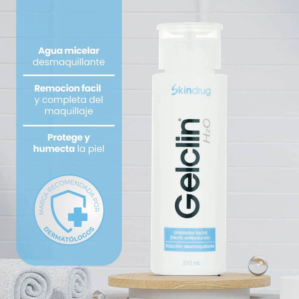 Envase de Gelclin H2O - Skindrug para la limpieza micelar y desmaquillado de rostro, ojos y labios.
