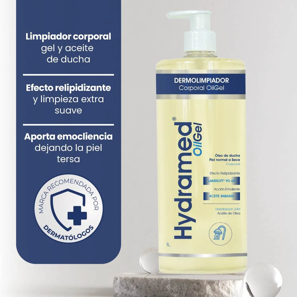 Envase de Hydramed Oilgel 1l - Skindrug para la limpieza emoliente y protección de la piel en formato familiar.