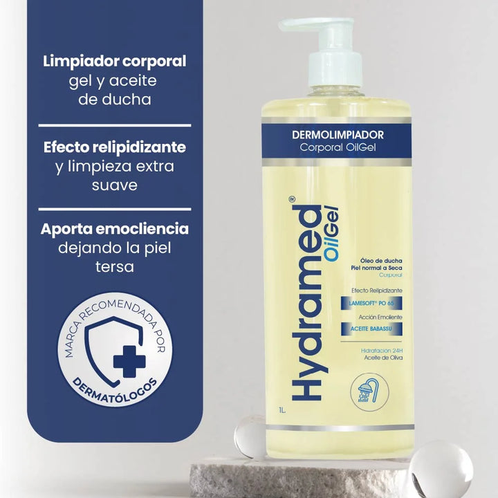 Envase de Hydramed Oilgel 1l - Skindrug para la limpieza emoliente y protección de la piel en formato familiar.