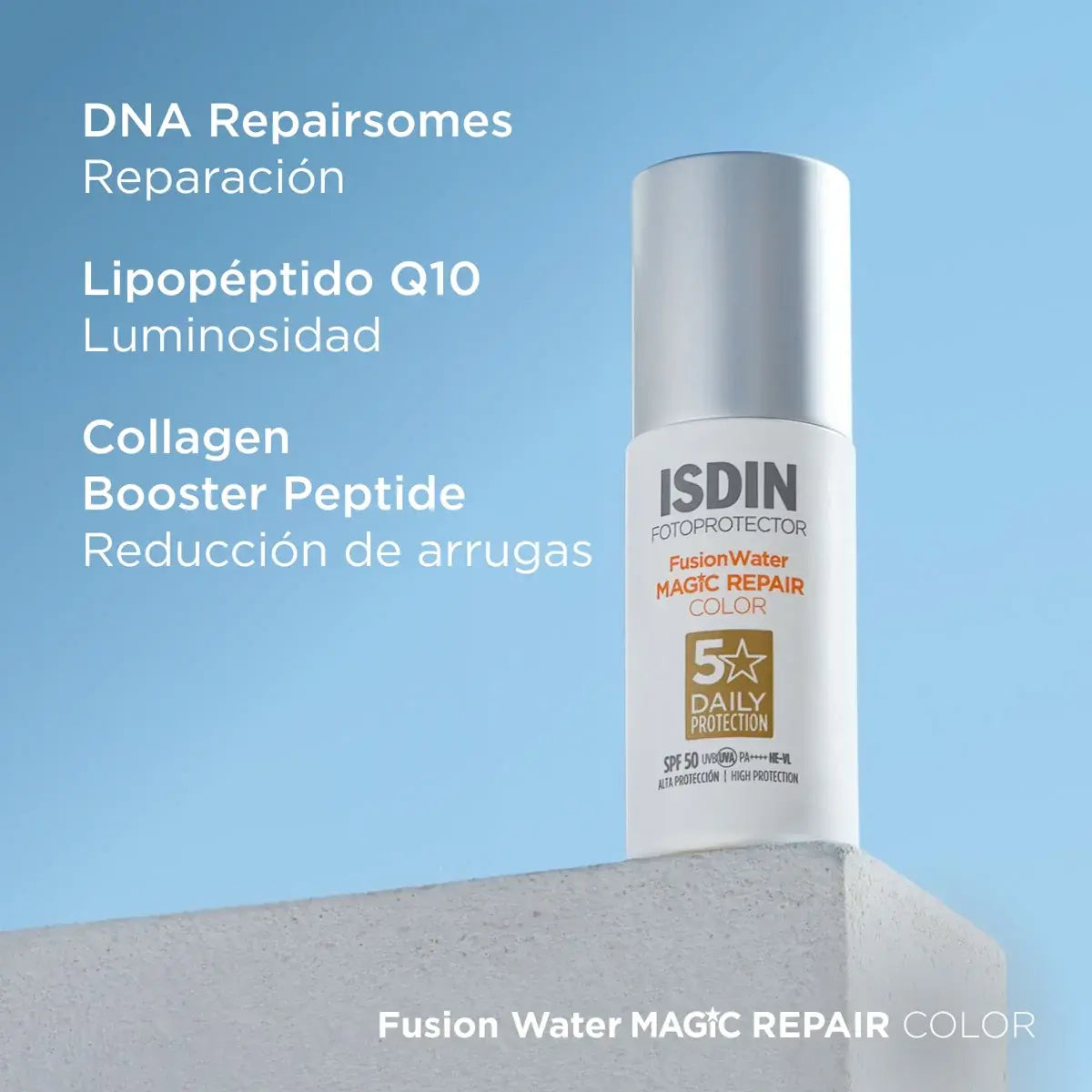 Envase de FotoUltra Repair Fusion Water Magic SPF 50 ISDIN Con Color para el cuidado antiedad.