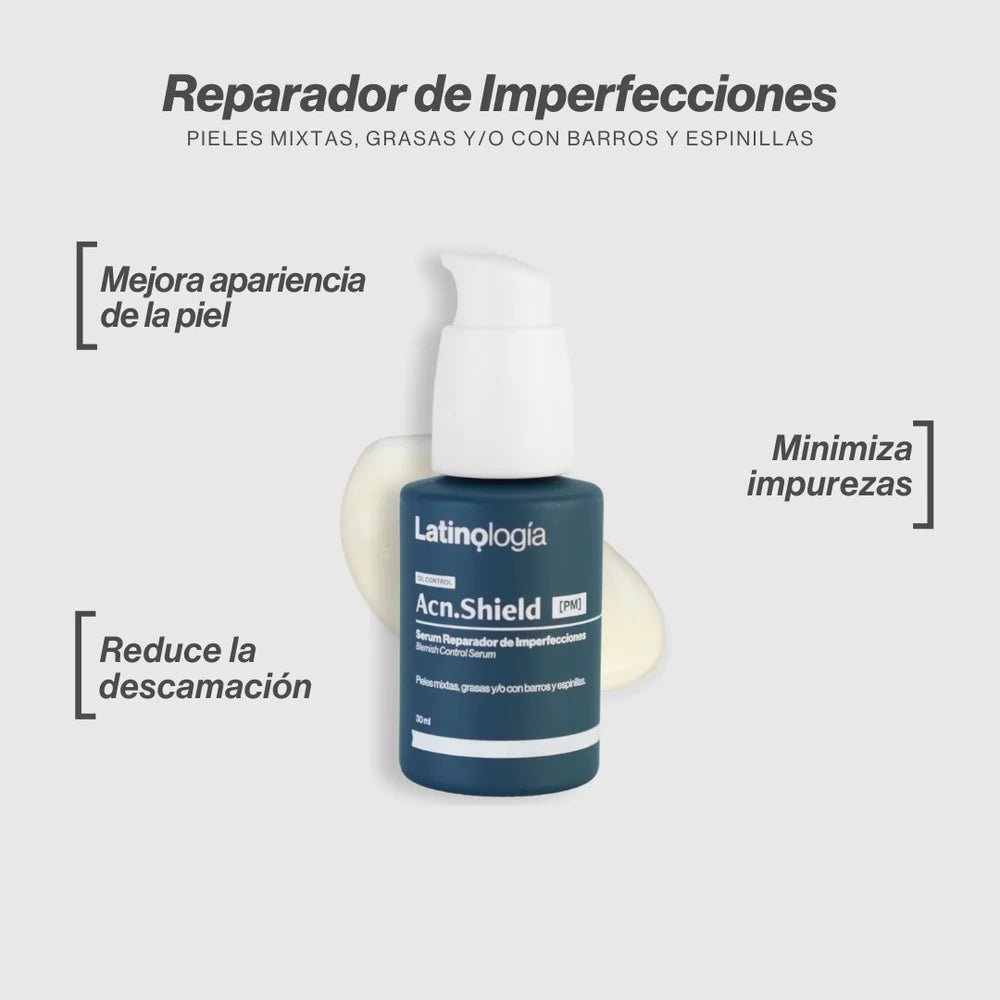Envase de Acn.Shield Serum Reparador Latinología para mejorar la textura y controlar la grasa de la piel