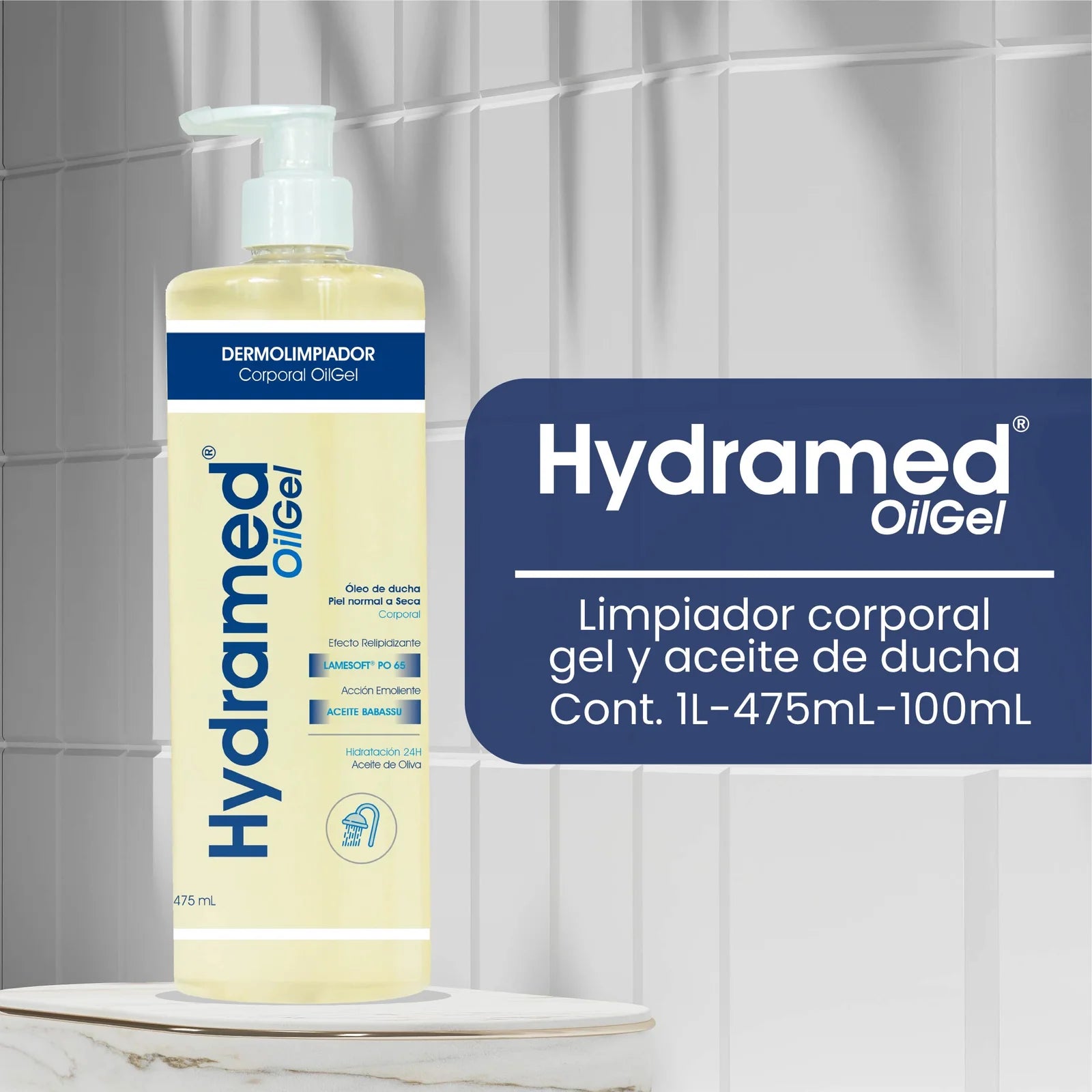 Envase de Hydramed Oilgel 475ml - Skindrug para la limpieza emoliente y protección de la piel.