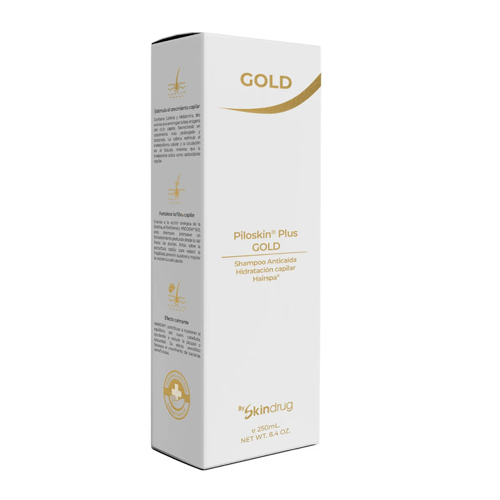 Shampoo fortalecedor capilar Piloskin Plus Gold de Skindrug con biotina.