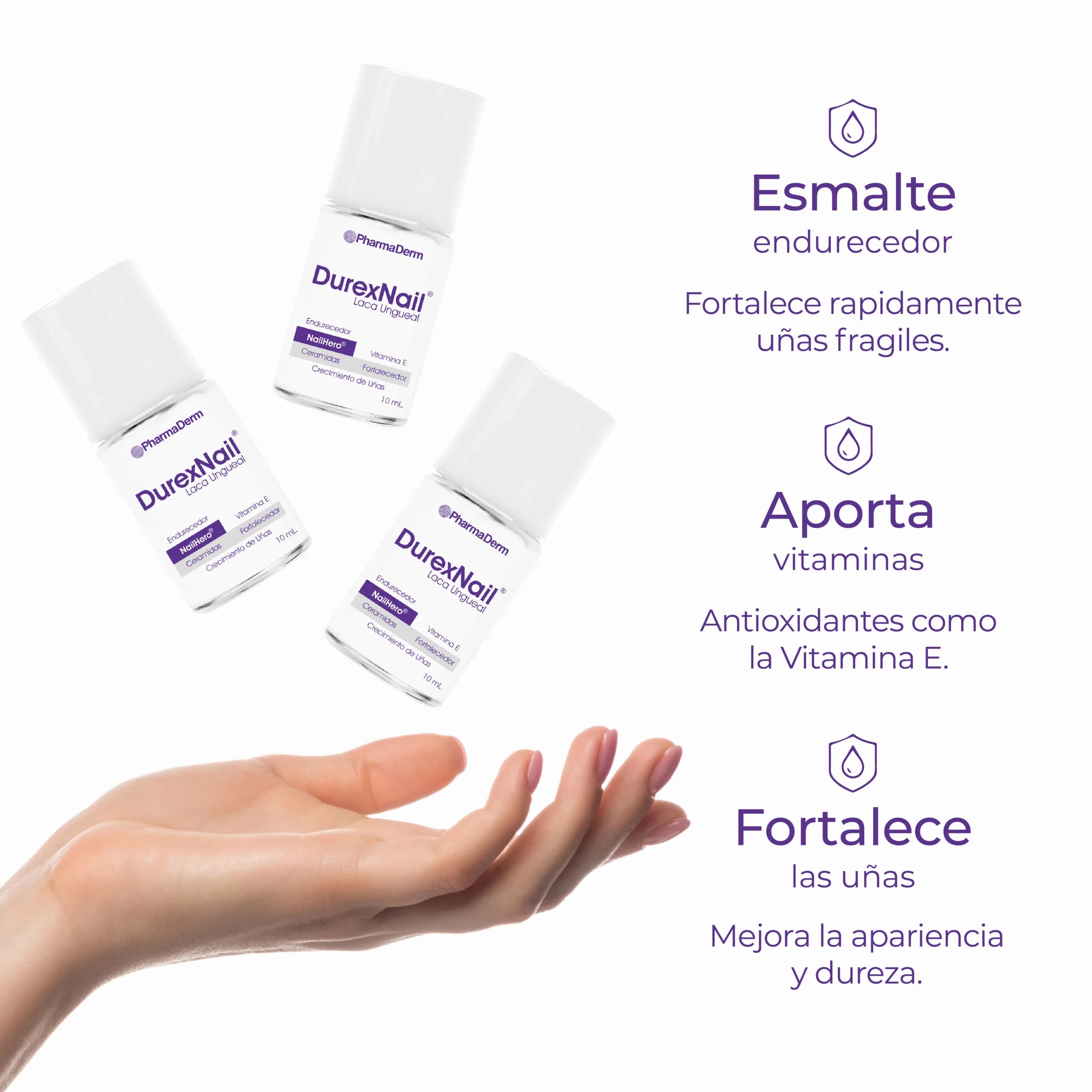 Laca ungueal fortalecedora Durexnail de Pharmaderm para uñas quebradizas.